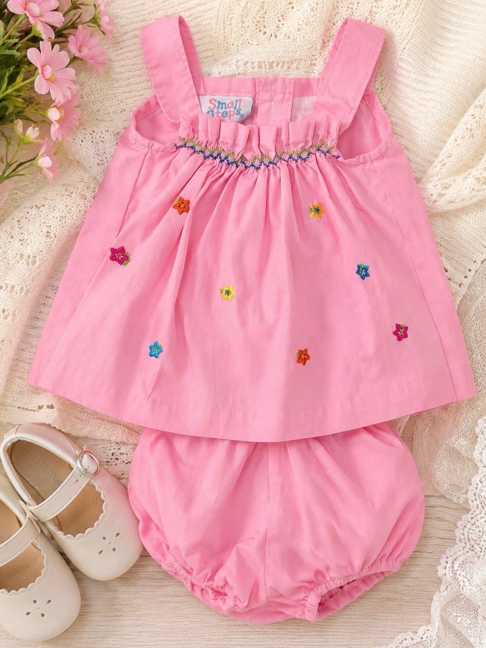 Vintage Small Steps Newborns Pink Smocked Floral Top & Bloomer Set sz 3/6m
